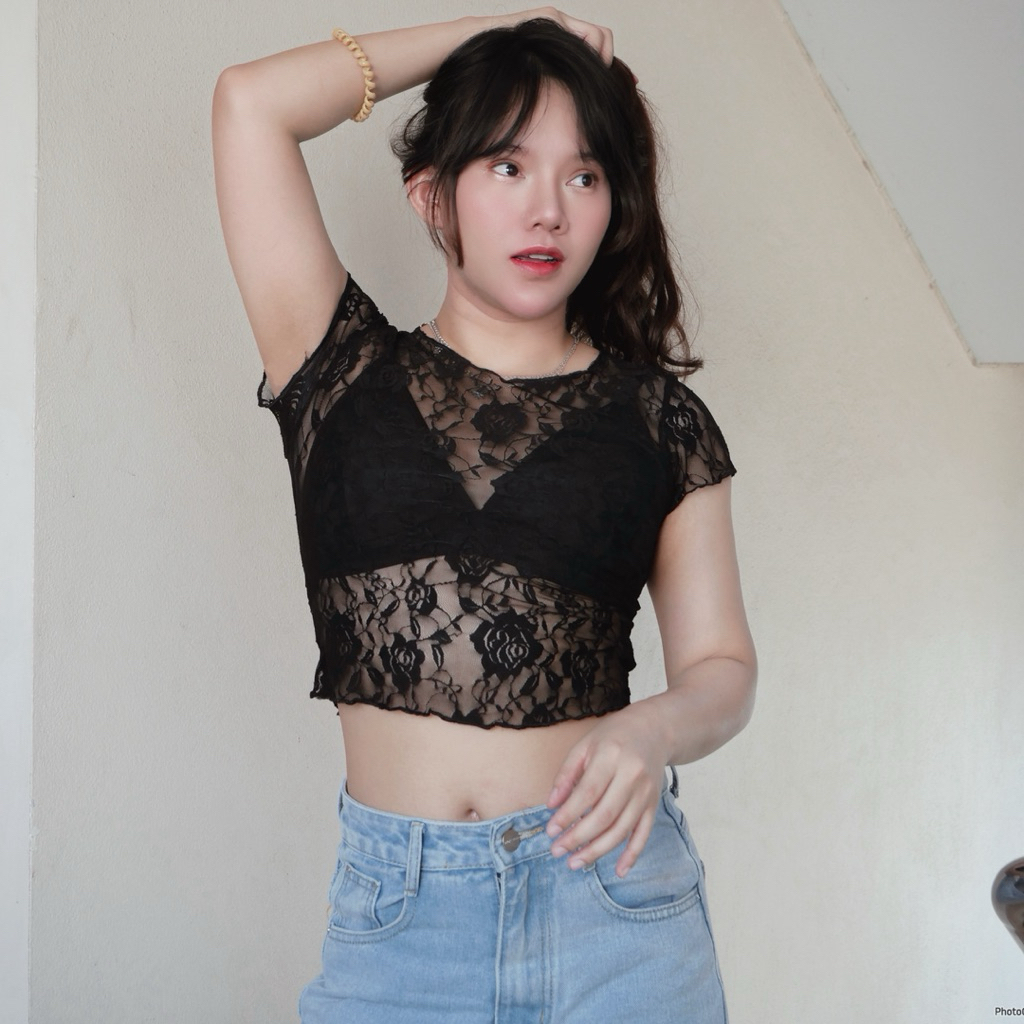 [พร้อมส่ง ]เสื้อลูกไม้ผู้หญิง เสื้อครอปลูกไม้ เสื้อซีทรู ลูกไม้นิ่มไม่คันค่ะ (มีบราแถมให้ค่ะ)