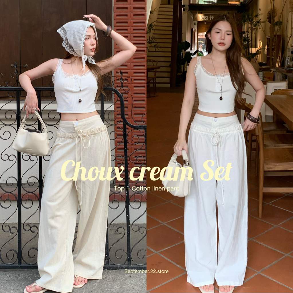 𝐂𝐡𝐨𝐮𝐱 𝐂𝐫𝐞𝐚𝐦 𝐒𝐞𝐭 🧁 ✨เสื้อสายเดี่ยวลูกไม้ + กางเกงเอวแต่งกระดุม มีดีเทลระบาย น่ารักๆ