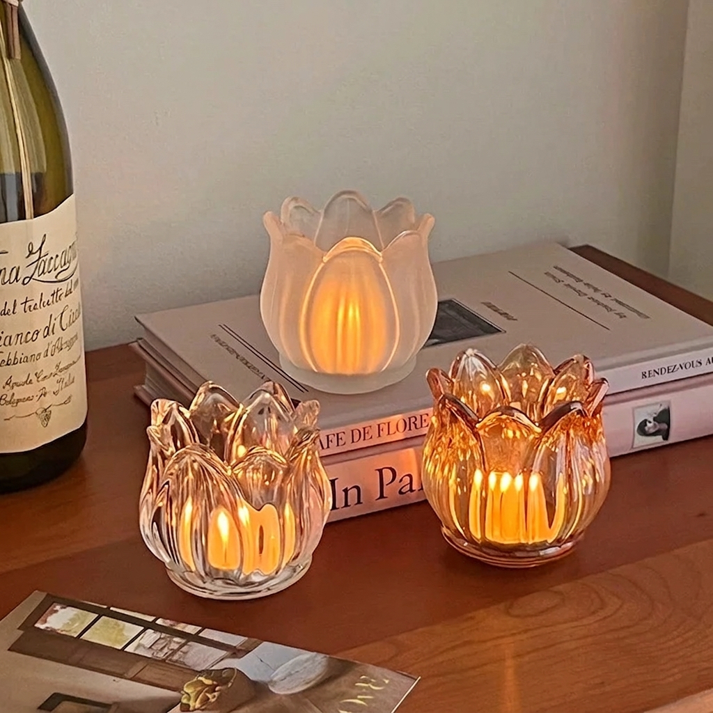 OurHome [พร้อมส่ง] เชิงเทียนแก้วทรงดอกทิวลิป Tulip glass candlestick holder เชิงเทียนอาหารค่ำใต้แสงเทียนการถ่ายภาพอุปกรณ