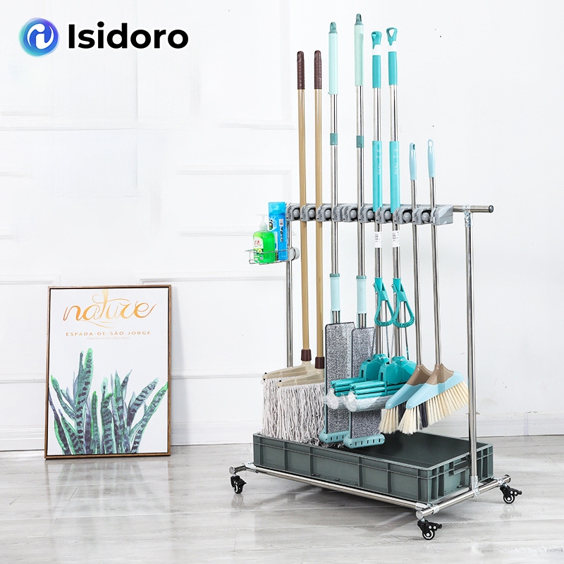 Isidoro ราวแขวนไม้ถูพื้นสแตนเลสแบบถอดได้, ขายึดแบบเกี่ยว ได้ไม้กวาดแบบตั้งที่เก็บของสำหรับระเบียงอุปกรณ์ทำความสะอาดจัดเ
