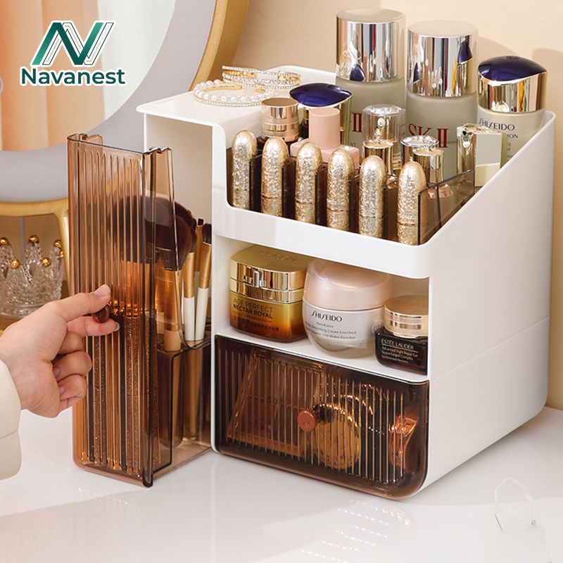 Navanest  กล่องเก็บเครื่องสำอาง กันฝุ่นชื้น มีช่องแยก ขนาดใหญ่ ประหยัดพื้นที่ โปร่งใส มองเห็นได้