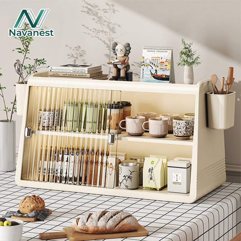 Navanest ที่เก็บถ้วย ชั้นวางของ ถ้วยชา ถ้วยกาแฟ แก้วมัค แสดงชุดน้ำชา ตู้กับข้าวกันฝุ่น ออฟฟิศวอเตอร์