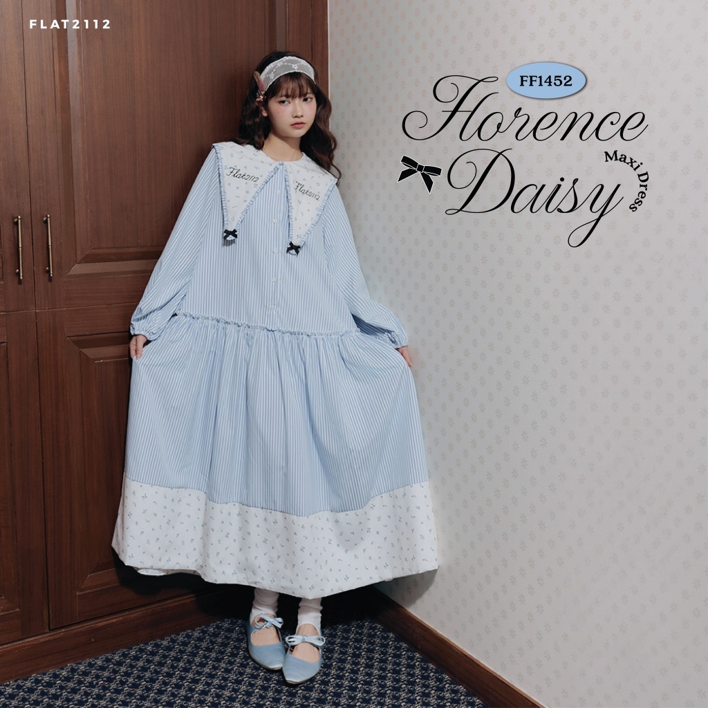 FLAT2112 : FLORENCE DAISY MAXI DRESS เดรสยาวลายทางสีฟ้า เดรสคอปกใหญ่ เดรสลูกคุณสีฟ้า เดรสเรียบร้อยน่ารัก (FF1452)