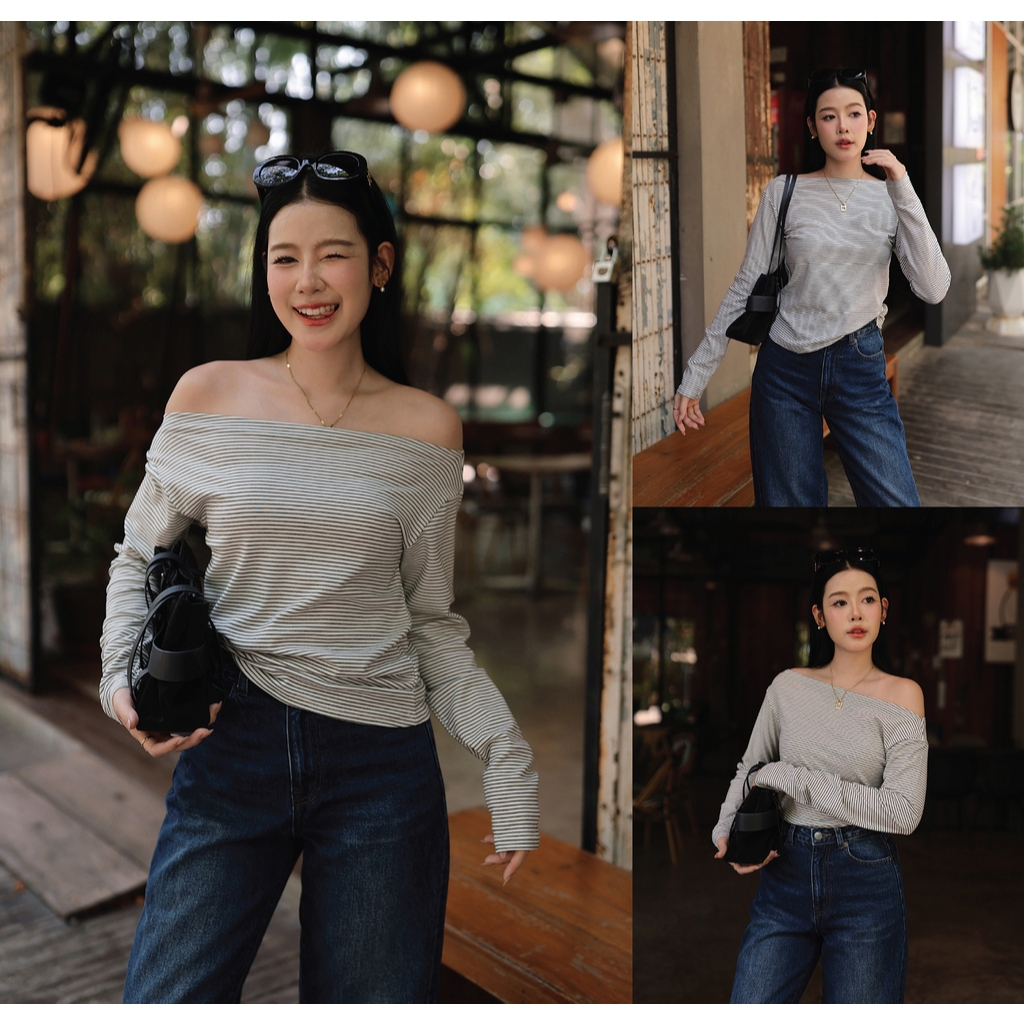 T0123033 เสื้อแขนยาวคอปาด - มี 3 สี : สีขาว, สีเทา, สีดำ - NUMBERSEVEN