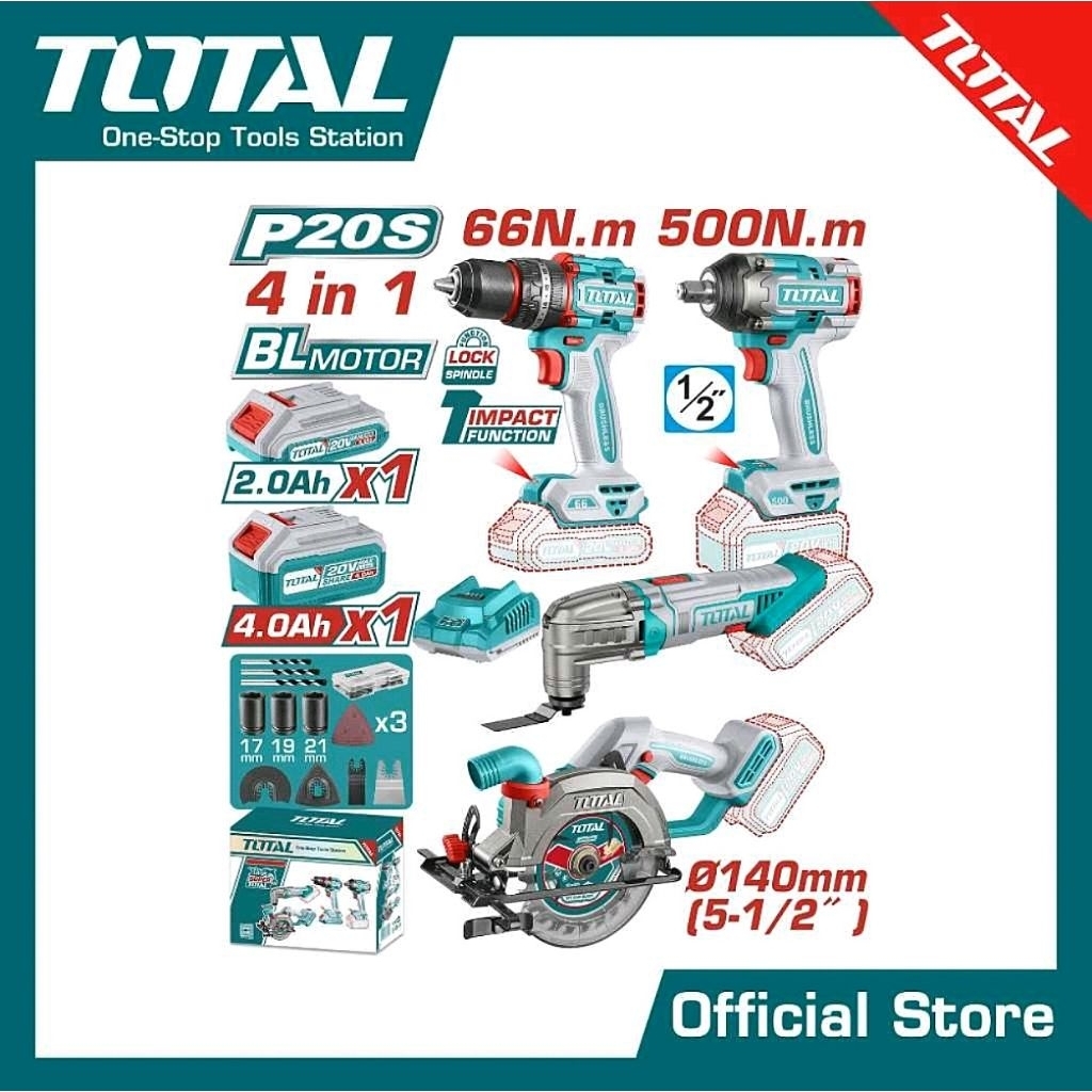 TOTAL COMBO SET ชุดที่112 รุ่นTOSLI241169 ชุดเครื่องมือไร้สาย4ชิ้น