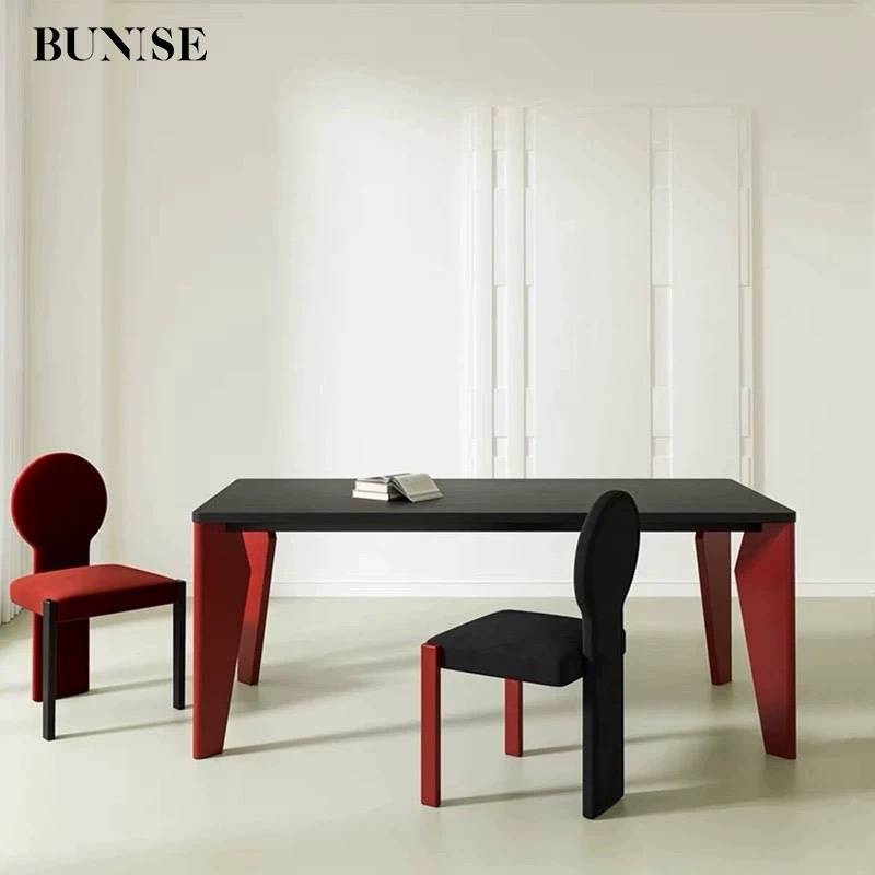 BUNISE SD17 Solid Wood Dining Table, Modern Scandinavian, 4-6 Seater, Black Hardwood with Red Legs, 