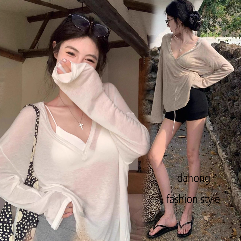 Dahong เสื้อยืดแขนยาวผู้หญิงแฟชั่น คอวีบางใสเล็กน้อยสําหรับผู้หญิงฤดูร้อนหลวมป้องกันแสงแดดครอบคลุมด้านบนด้านล่างสบายๆ