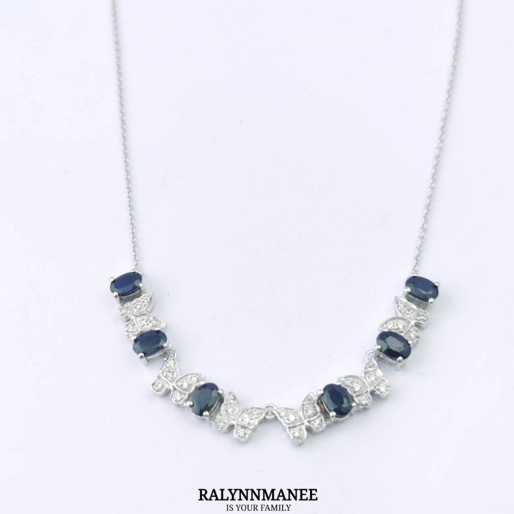 NK006 สร้อยคอพลอยไพลินแท้ ( Natural Blue Sap. ) ตัวเรือนเงินแท้ 925 ชุบทองคำขาว ยาว 18 - 20 นิ้ว