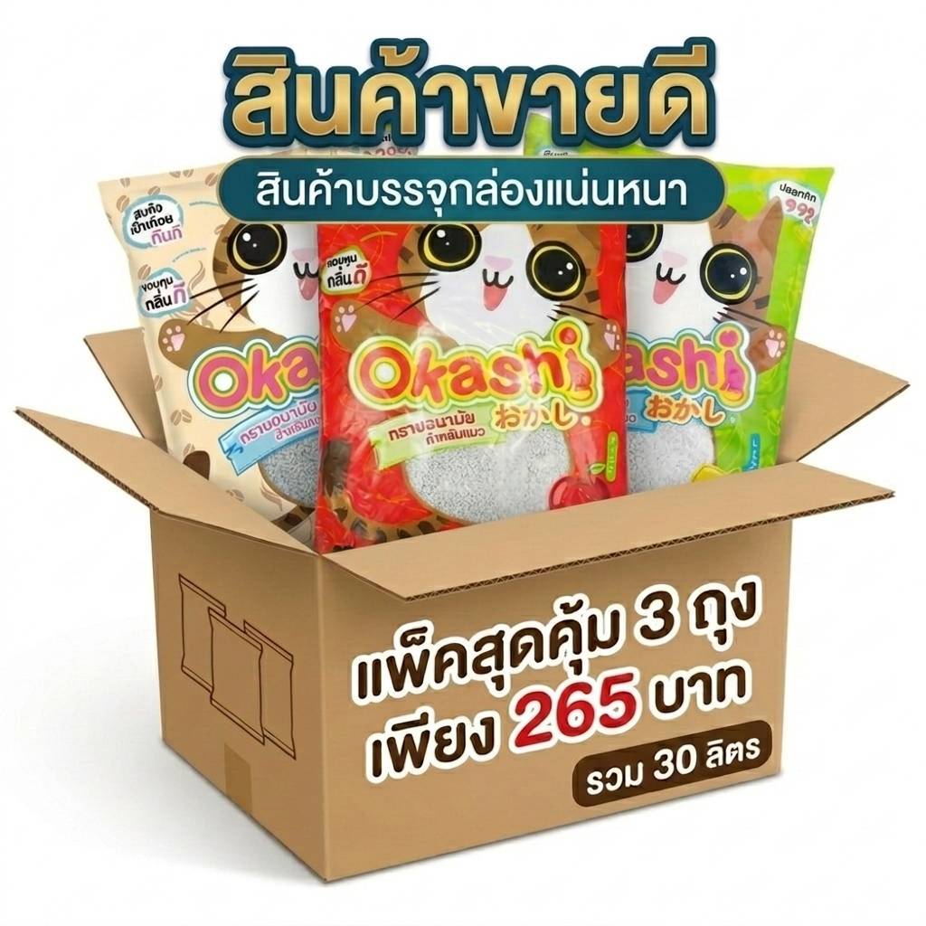 Okashi ทรายแมว ขนาด 10 ลิตร 3 ถุง = 30 ลิตร สูตรประหยัดทราย 15% (สินค้าบรรจุกล่อง)