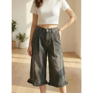 กางเกงยีนส์ขา7ส่วนแต่งชายระบาย SizeS-8XL กางเกงยีนส์แฟชั่นพลัสไซส์