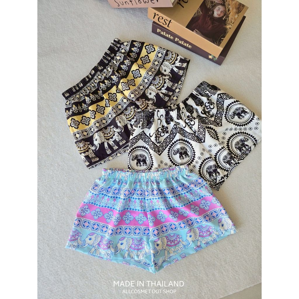 (S-XL) กางเกงขาสั้น ลายช้าง ทรงมินิ สั้นสับ ลายสวยคมชัด ไหมพรีเมียม made in Thailand