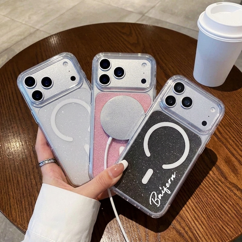 เคสกลิตเตอร์ไอโฟน แม่เหล็ก [สกรีนชื่อ] เคสกากเพชร iPhone 17/16/15/14/13 ขอบนิ่ม หลังแข็ง มีกากเพชร