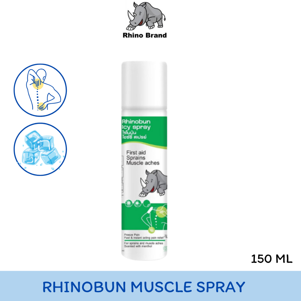 RHINOBUN ICY SPRAY 150ml. ไรโนบัน สเปรย์ ลดอาการปวด บวม เคล็ด ขัดยอก สูตรเย็น ขนาด150 มล