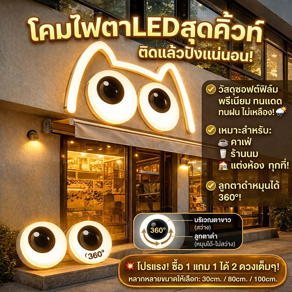 พร้อมส่งจากไทย ไฟตา LED ขยับได้ ไฟตาโต 3D ตู้ไฟสำเร็จรูปแต่งหน้าร้าน ป้ายไฟหน้าร้าน กันน้ำ IP44 COD รับประกัน 1 ปี