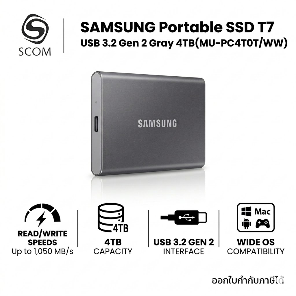 (SSD) 4TB SAMSUNG Portable SSD T7 USB 3.2 Gen 2 Gray (MU-PC4T0T/WW)