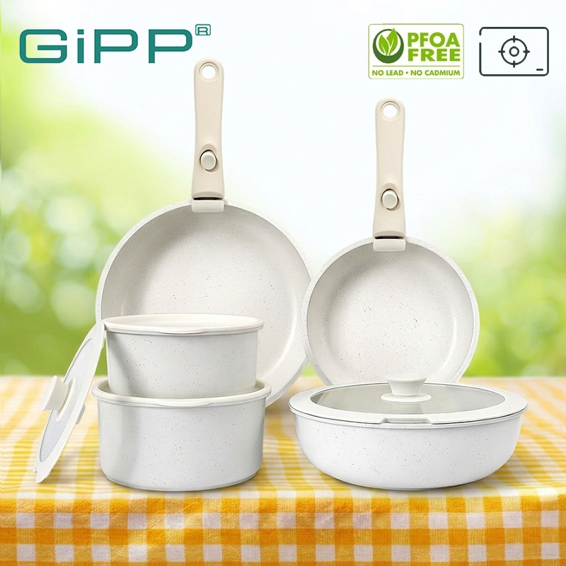 GIPP ไม่ติดกระทะ ชุดกระทะ กระทะเคลือบหินอ่อน 11ชิ้น ไม่ติดกทำความสะอาดง่าย ใช้ได้กับเตาทุกประเภท ด้ามถอดได้ก