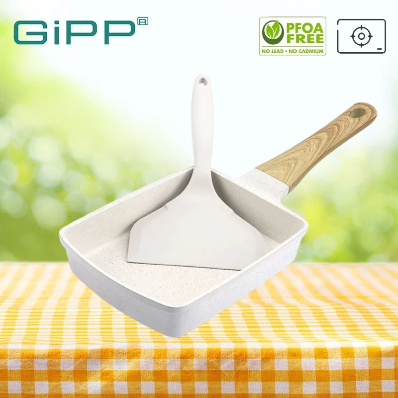 GIPP กระทะหินทรงสี่เหลี่ยมขนาดเล็กสไตล์ญี่ปุ่น กระทะ กระทะไข่ม้วน กระทะเคลือบหินอ่อน สามารถใช้กับเตาแม่เหล็กไฟฟ้า