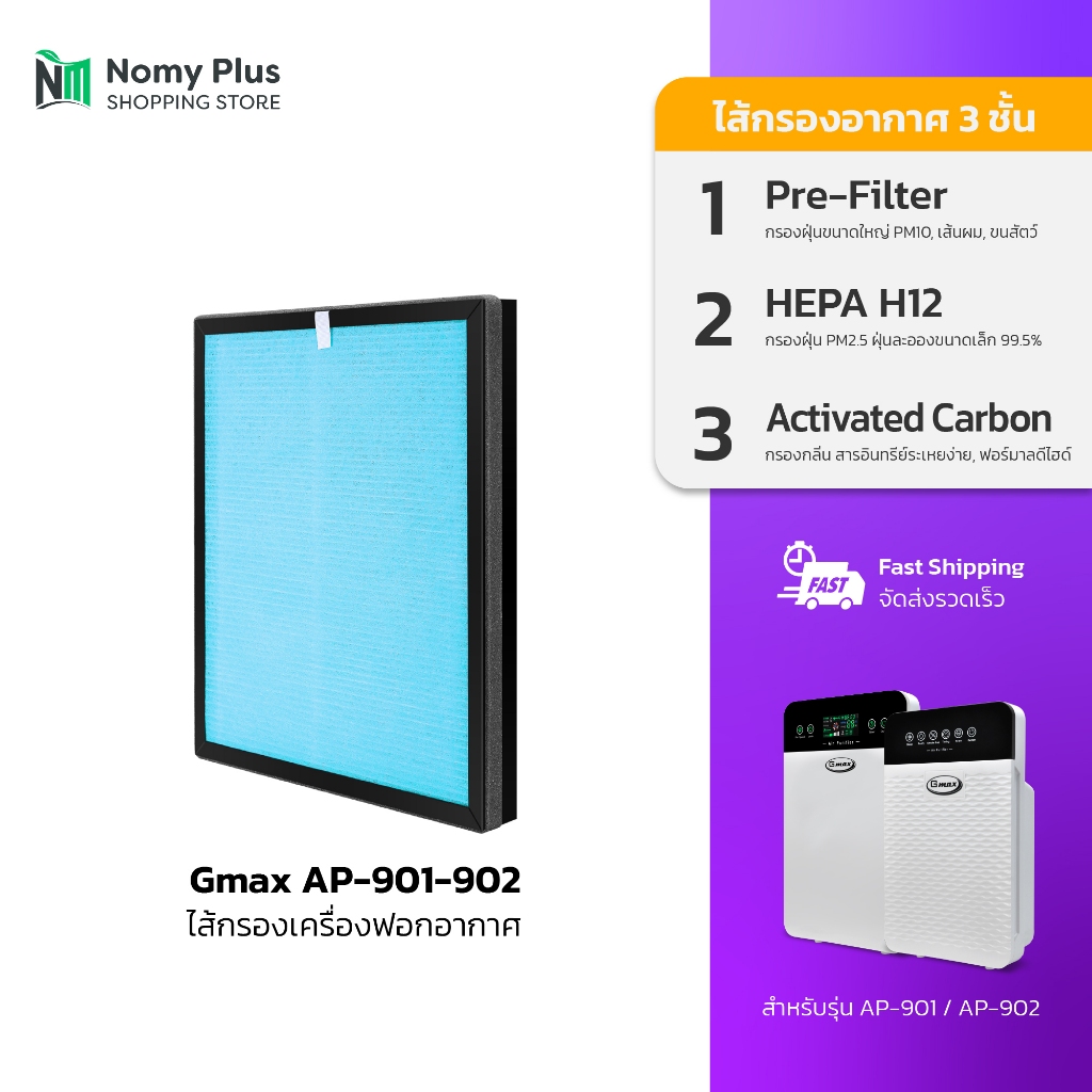 Gmax ไส้กรอง HEPA 12 สำหรับเครื่องฟอกอากาศ ขนาดกว้าง 26.5 ซม. สำหรับพื้นที่ 35 ตรม. รหัสสินค้าAP901-902 (ปี 2024-2025)