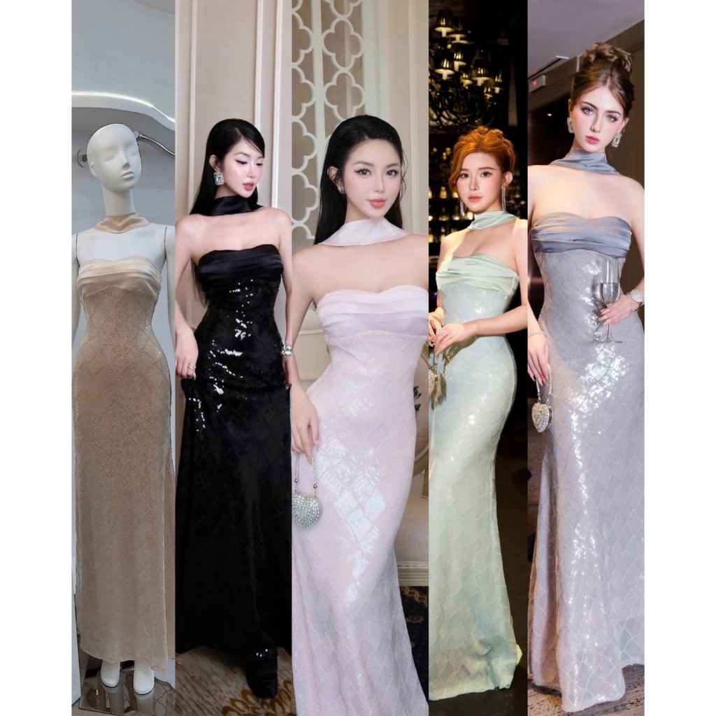 Zenlulu Brand : เดรสออกงานตัวยาวเกาะอกแต่งเลื่อมทั้งชุด