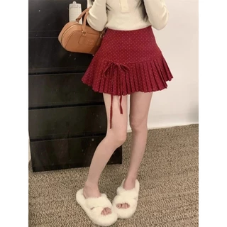 [Sheing office]🌟พร้อมส่ง🌟กระโปรงสั้นทรงเอไลน์เอวสูงลายจุดผูกโบว์สำหรับผู้หญิง มีซับในเพื่อป้องกันปัญหากระโปรงหลุดลุ่ย
