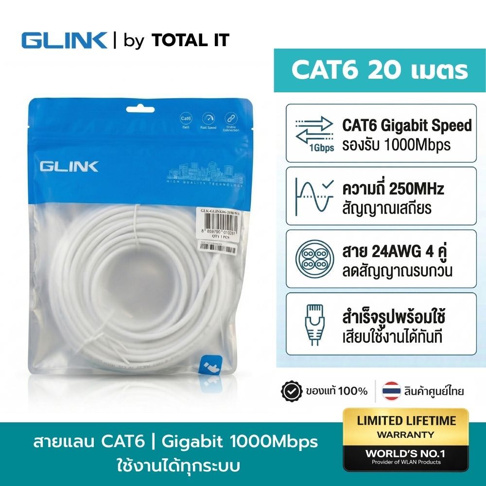 สาย LAN CAT6 Patch Cord สายแลนสำเร็จรูป ความยาว 2-20 เมตร ยี่ห้อ GLINK รองรับ Gigabit