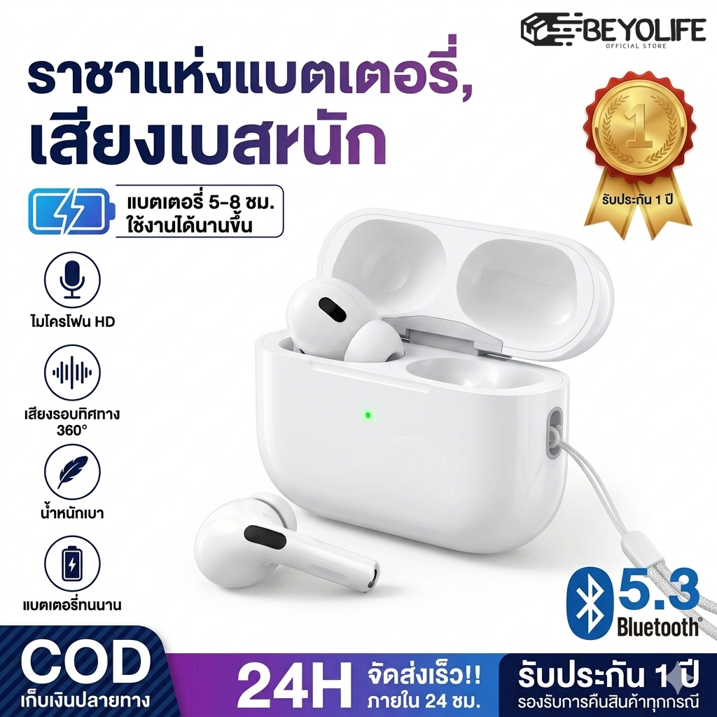 Beyolife (รับประกัน 1 ปี+ของแถม)หูฟังบลูทูธไร้สาย TWS บลูทูธ 5.3 ดีไซน์แบบอินเอียร์แบบใหม่ พร้อมไมโครโฟน
