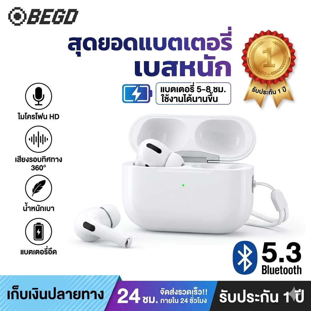BEGD R6 หูฟัง Bluetooth 5.3 ไร้สาย เชื่อมต่อ 2 อุปกรณ์พร้อมกัน thumbnail 10