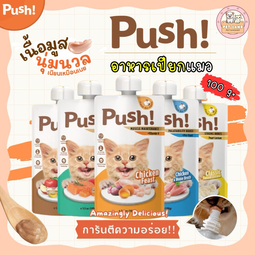 Push พุช อาหารเปียกแมว สูตร Complete & Balanced มี Vitamin เนื้อมูสนุ่ม ซองแบบบีบ ทานง่าย ขนาด 100 กรัม