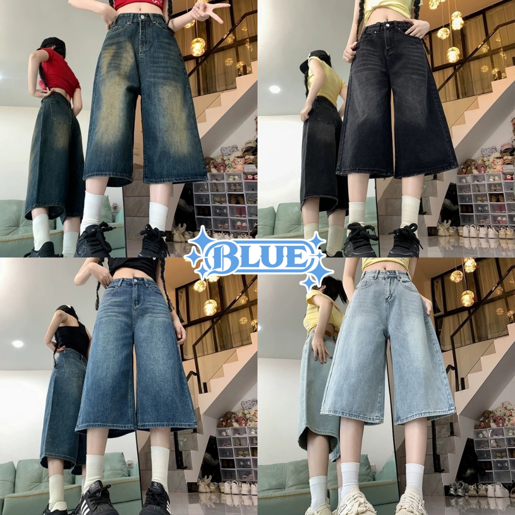 มีไซซ์ S-2XL | กางเกงขากระบอก กางเกงยีนส์ขาสั้น ทรงหลวมขากว้าง เอวสูง สไตส์วินเทจ มีหลายสีให้เลือก#1142