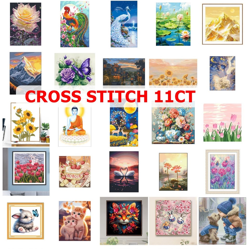 (พร้อมส่ง-ชุดที่2) ชุดปักครอสติชเส้นด้าย 11CT Cross stitch ครอสติชผ้าพิมพ์ลาย DIY งานเย็บปักถักร้อย