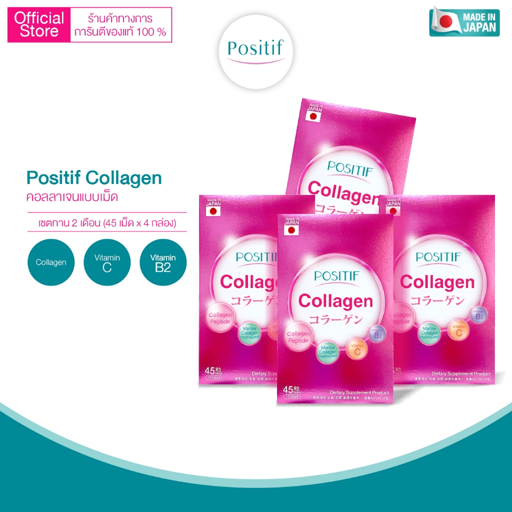 Positif Collagen โพสิทีฟ คอลลาเจน x 4 กล่อง คอลลาเจนชนิดเม็ด สกัดจากปลาทะเลน้ำลึก ผสมวิตามินซี บี2