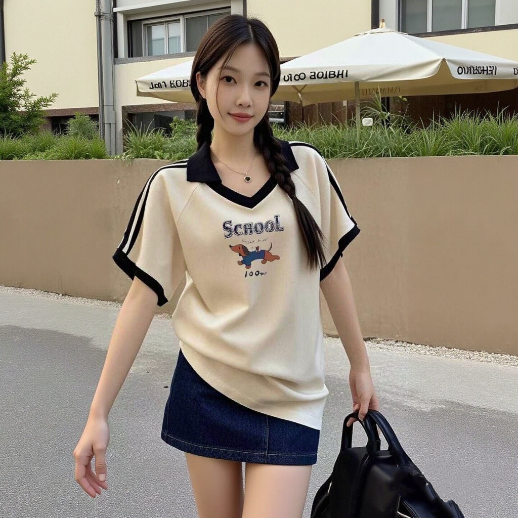 เสื้อคอวีทรงสเก็ตสวยๆผู้หญิงแฟชั่นมาใหม่ oversize เสื้อผ้าสาวอวบไซส์ใหญ่น่ารัก เสื้อยืดปกแขนสั้นลําลองทรงหลวมสไตล์เกาหลี