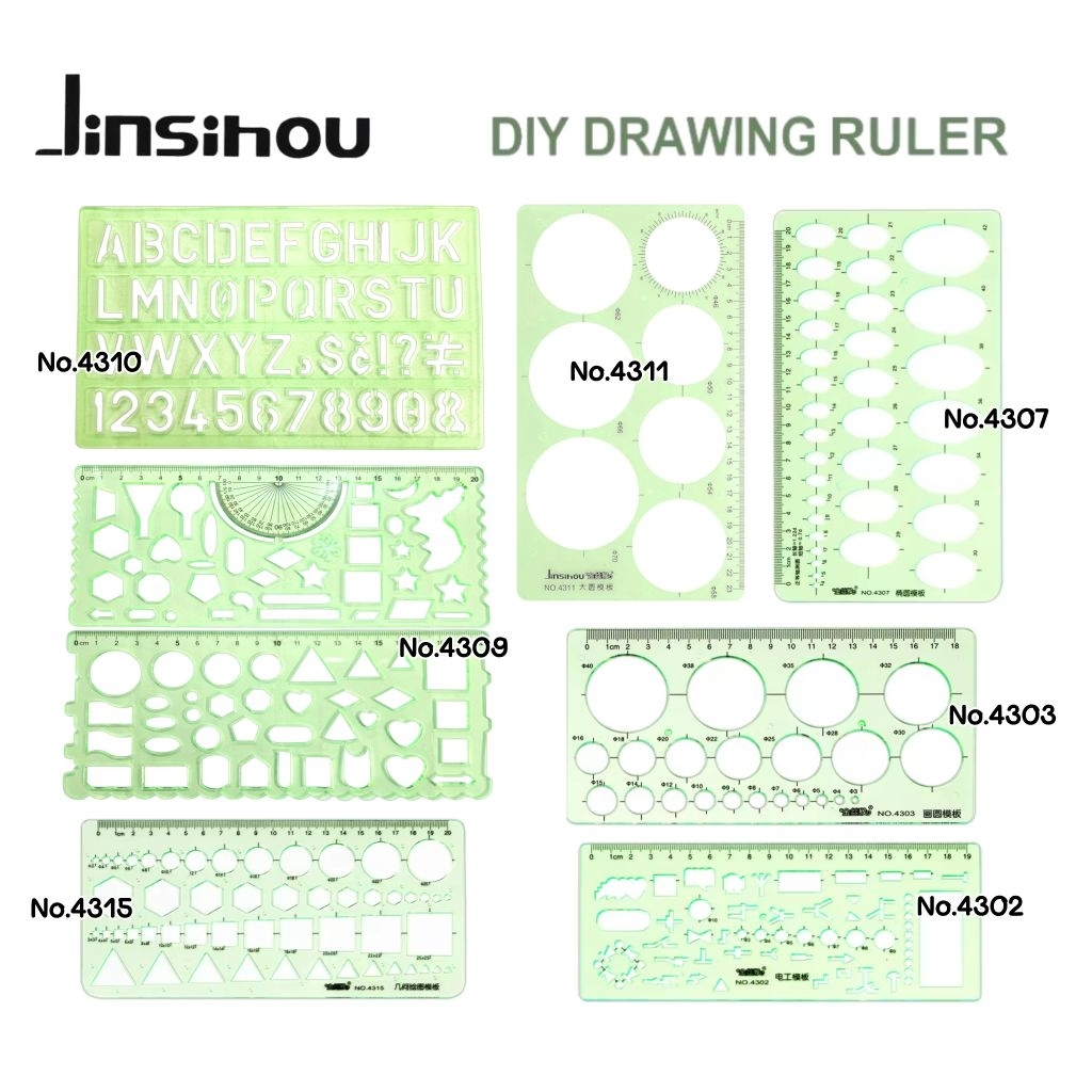 Jinsihou ไม้บรรทัดเพลท (Drawing Templates) แบบวงกลม (Circle), วงรี (Oval), และเทมเพลตสำหรับเขียนแปลน