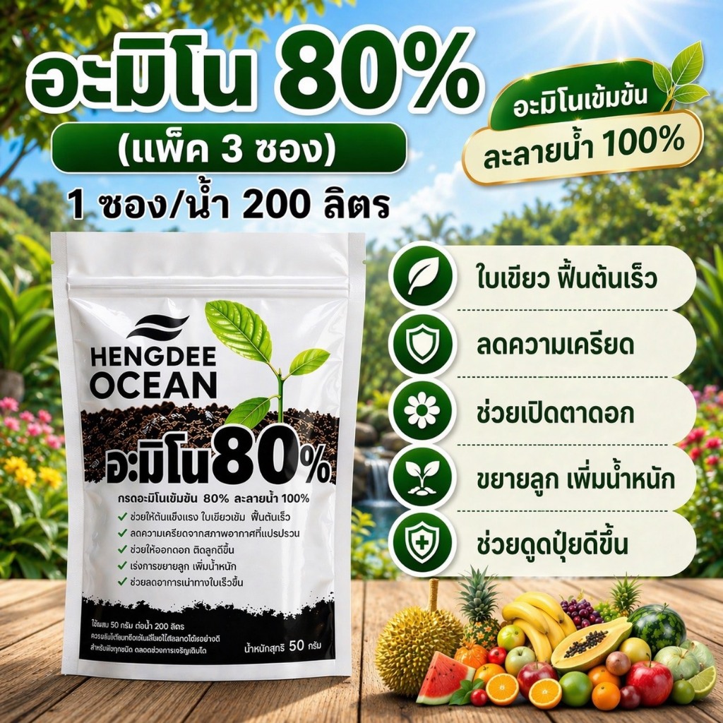 อะมิโนเข้มข้น 80% อะมิโนเข้มข้นสำหรับพืช ไม้ผลทุกชนิด (1แพ็ค3ซอง)