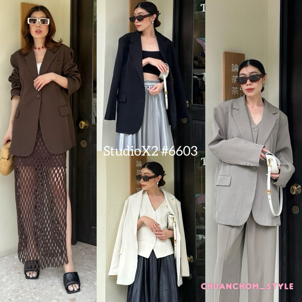 🔖StudioX2 #6603 Oversize Longsleeve Blazer งานสูทโอเวอร์ไซส์ คัดติ้งเนี้ยบ บ่าเสริมฟองน้ำ กระดุมหน้า1เม็ด ตัวยาวปิดสะโพก