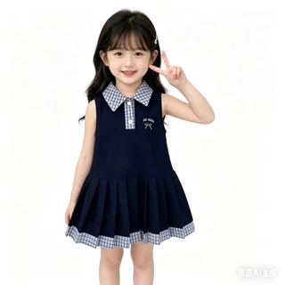 MC244 เดรสเด็กหญิงทรงเจ้าหญิง คอปกน่ารัก ผ้าใส่สบาย สีขาว กรมท่า