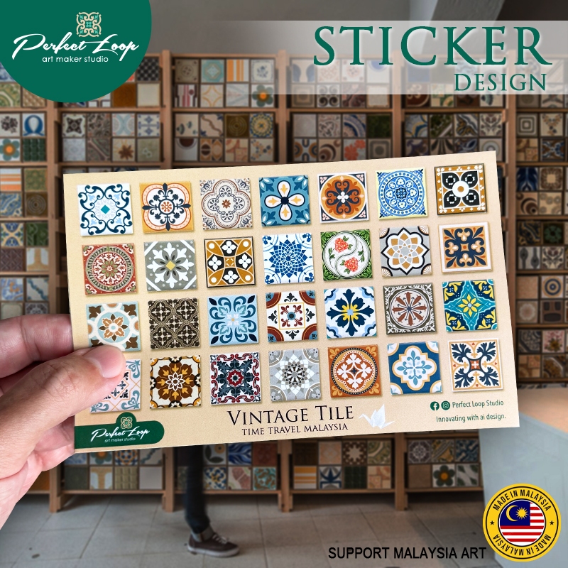 Sticker Design Time Travel Asian Vintage Tiles Retro Graphic Concept (BUY 10 FREE 1) Waterproof