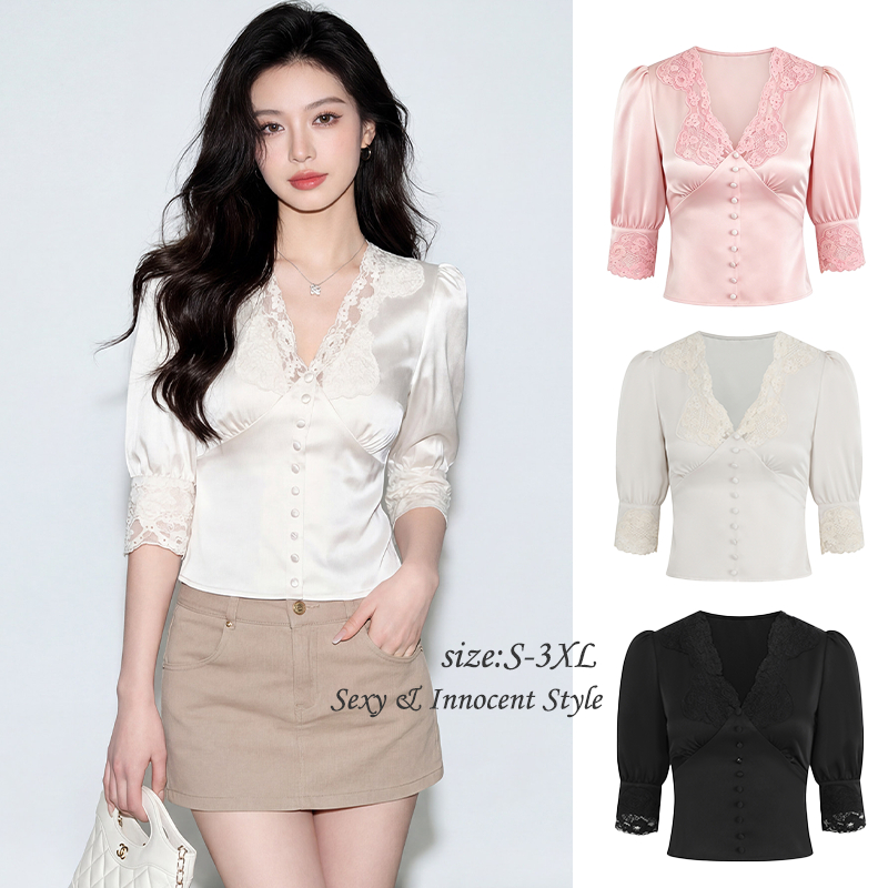 99270 เสื้อเชิ้ตผ้าซาตินเข้ารูปสไตล์เกาหลี ดีไซน์ทันสมัย คอวีตกแต่งขอบลูกไม้ เผยลุคสง่างาม แขนยาวปานกลาง