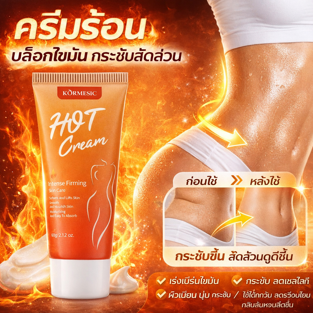KORMESIC Hot Cream ครีมร้อนกระชับสัดส่วน ลดไขมันหน้าท้อง ต้นขา สะโพก เฟิร์มกระชับ ผิวเรียบเนียน 60g
