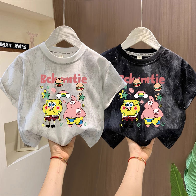 【พร้อมส่ง】【COD】ผ้าฝ้าย100% เสื้อยืดเด็ก SpongeBob & Patrick Star ลวดลายการ์ตูน นุ่มสบาย ทรงหลวม เสื้อยืดมัดย้อม 3-12ปี