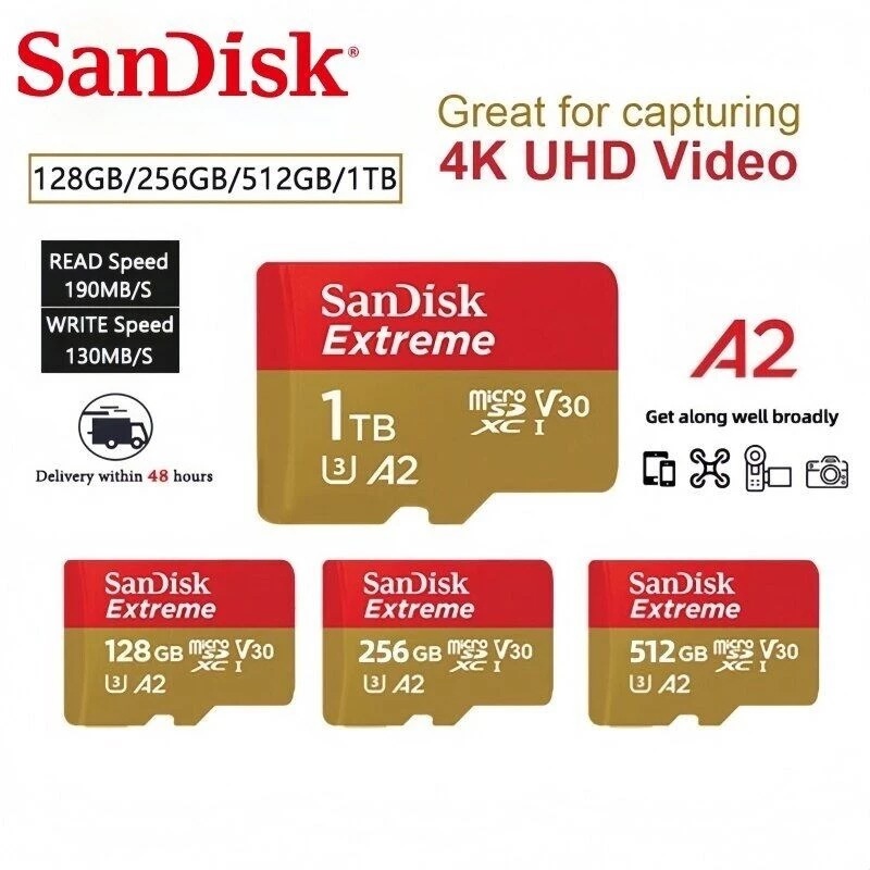 Sandisk Memory Card Extreme Micro SD Card A2 150MB/s U3 4K Class 10 (32GB/64GB/128GB/256GB/512GB/1TB)