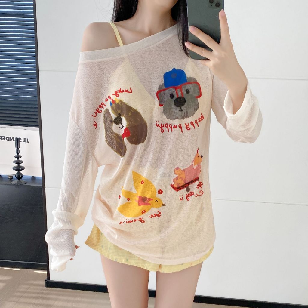 ลายพิมพ์น่ารัก เสื้อแขนยาว, นางสาว ผ้าคลุมกันแดด ทรงหลวม สไตล์ลำลอง ป้องกันรังสียูวี