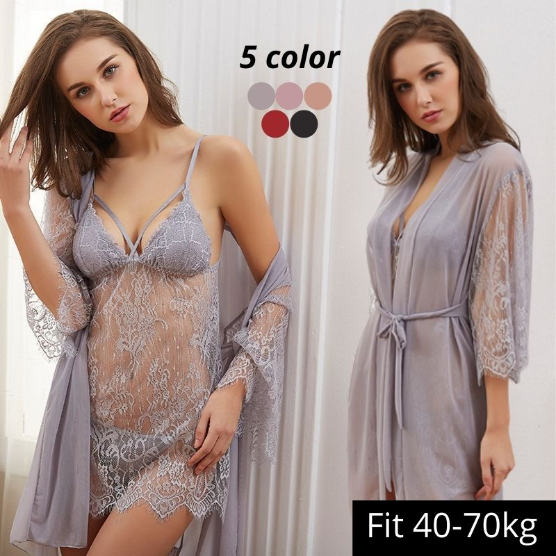 Aveline Nightwear ชุดนอนเซ็กซี่ผู้หญิง พร้อมเสื้อคลุม ลูกไม้ซีทรู ชุดนอนสายเดี่ยว ผ้านุ่ม ใส่สบาย มีไซส์ใหญ่ TH-PS046