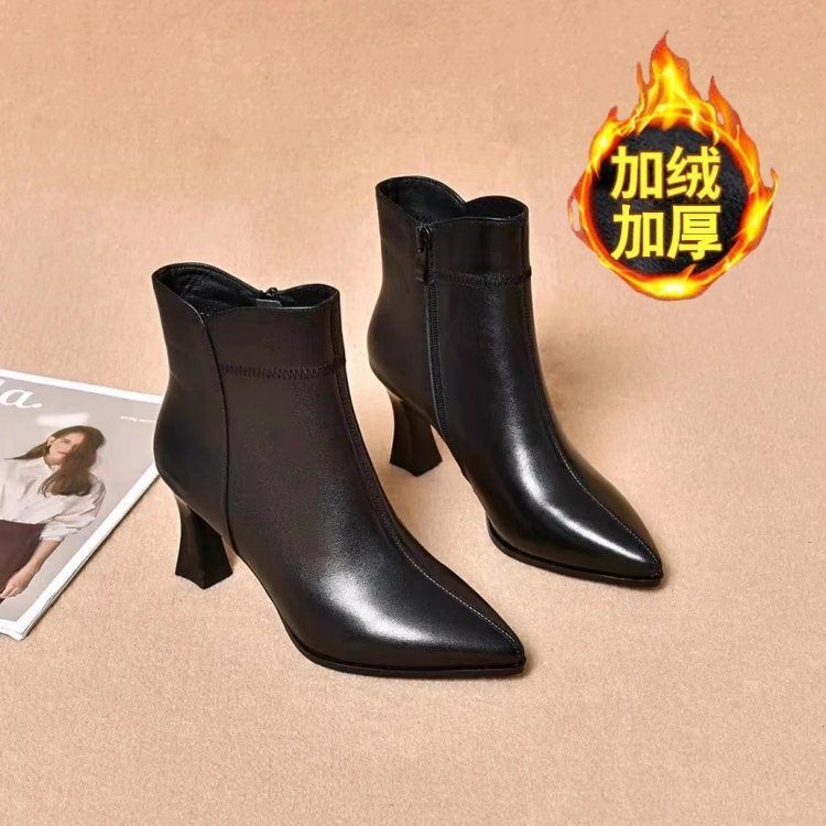 High Heels - New 2025 Autumn/Winter Plush Soft Leather Women's Boots High Heels Pointed Coarse Heels