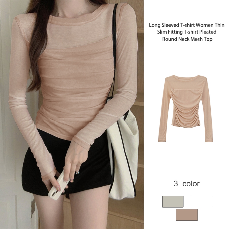 เสื้อผ้าแขนยาวคอกลม ส่วนอกตาข่ายโปร่ง ผ้ายืดนุ่ม รอยจีบหน้าท้อง ทรงกระชับสัดส่วนสไตล์หวานเซ็กซี่ JD