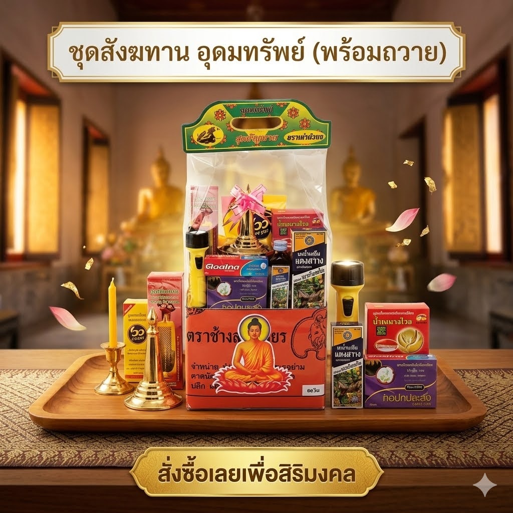 สังฆทานชุดอุดมทรัพย์ เสริมสิริมงคลมั่งคั่งร่ำรวย ทรัพย์สินเงินทองมหาศาล