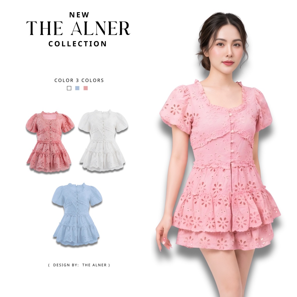 Thealner-AN683 (เซตเสื้อฉลุแต่งกระดุมกางเกงขาสั้น)