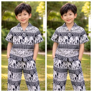 ชุดลายช้างเด็ก ใส่ได้ทั้งชายหญิง เหมาะกับหน้าร้อน ไหมญ่ปุ่นงานผลิตไทยคุณภาพดี สีสวย ลายชัด ผ้าเย็นใส่สบายมาก