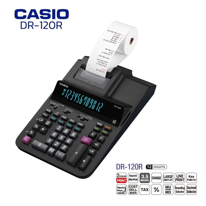 เครื่องคิดเลข CASIO DR-120R ll 12หลัก พิมพ์กระดาษ เครื่องสีดำ (ของแท้ รับประกัน 2 ปี)