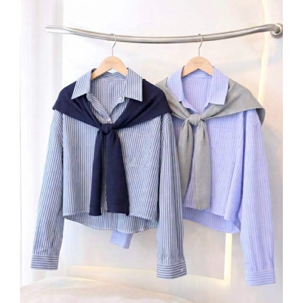 Numsha Brand เสื้อเชิ้ตลายทางตั้งผ้าพันคอ 6107 / NB23056